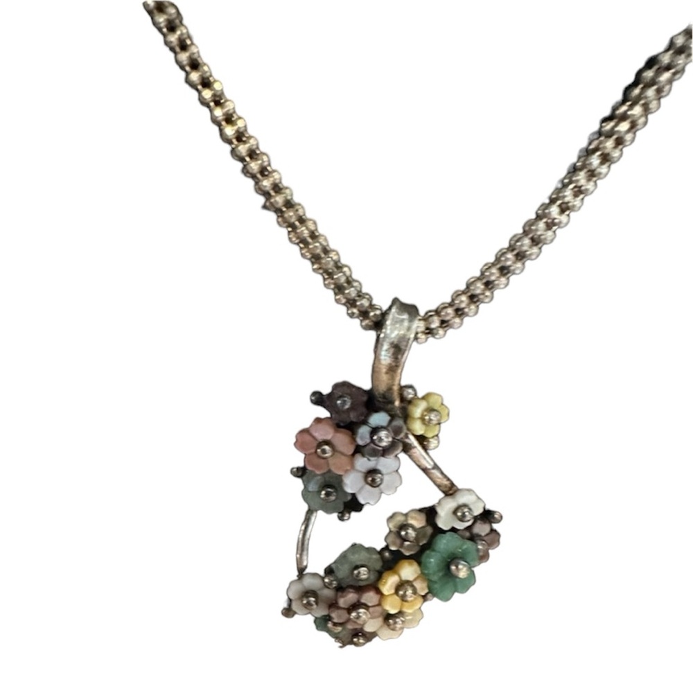 Whitney Kelly Sterling Silver Jadite & Mother of Pearl Figural Floral Necklace